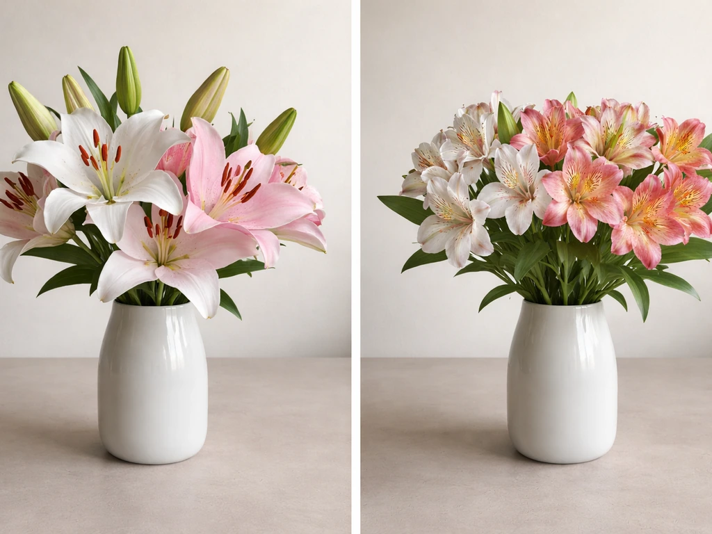 Two adjacent bouquets: true Lilium blooms beside lily-like look-alikes with different flower shapes.