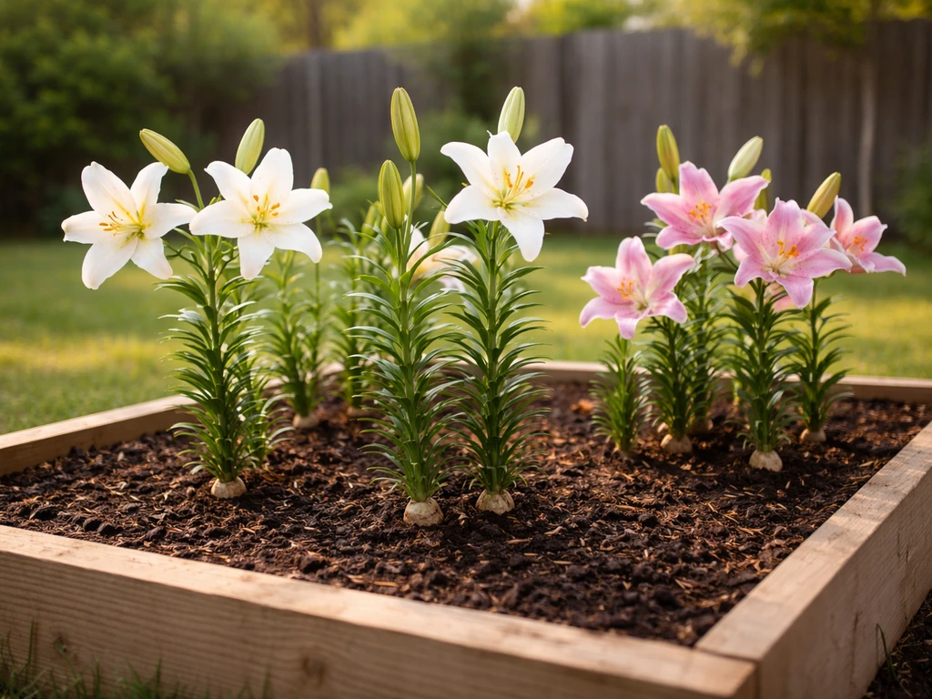 Healthy white and pale pink lily shoots and blooms growing in a North Texas yard planting bed.