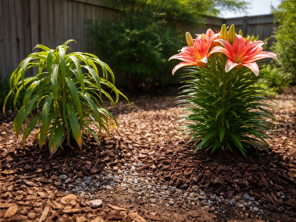 South Texas lily plants in hot humid conditions, one drooping, mulch and drainage helping the other thrive