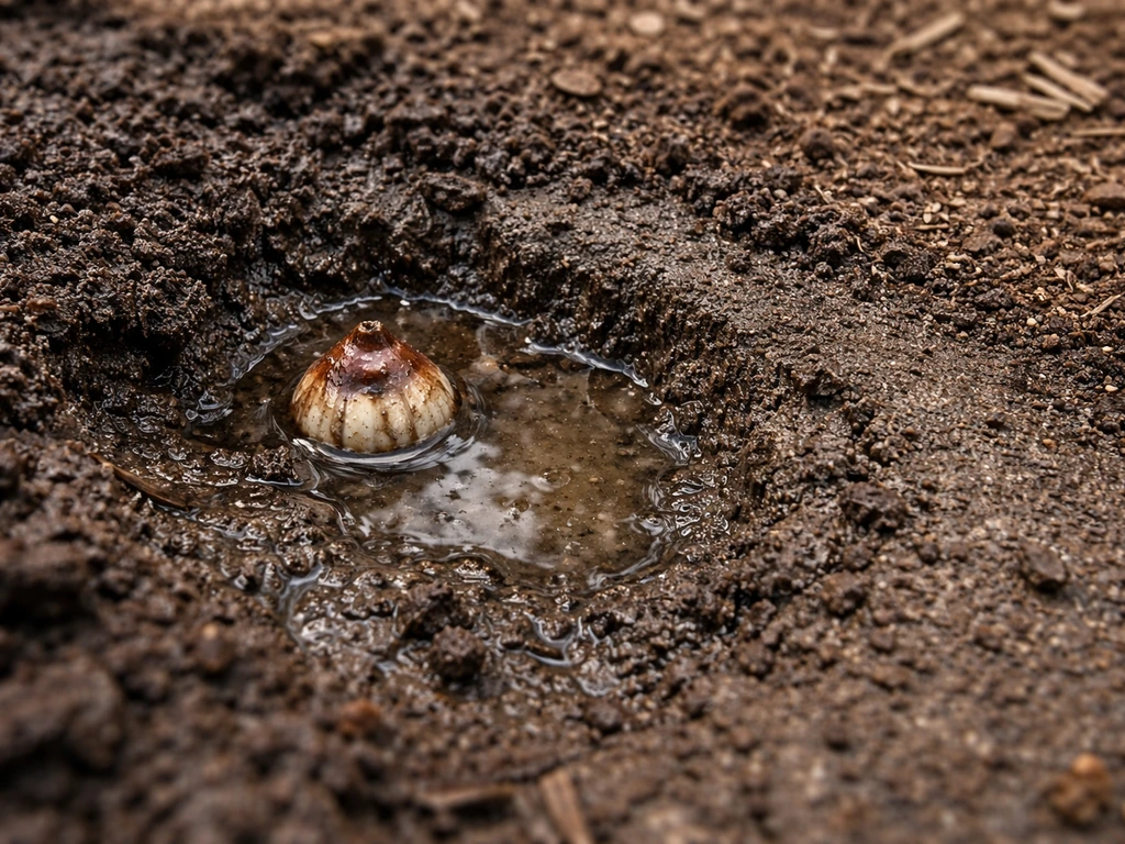 Close-up of damp soil with water pooling in a garden bed, showing drainage failure signs near a bulb.