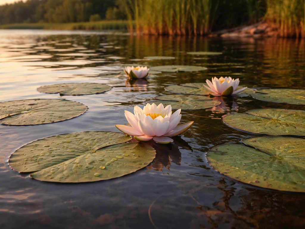 True water lily pads floating on a calm pond, with gentle reflections and a few blossoms.