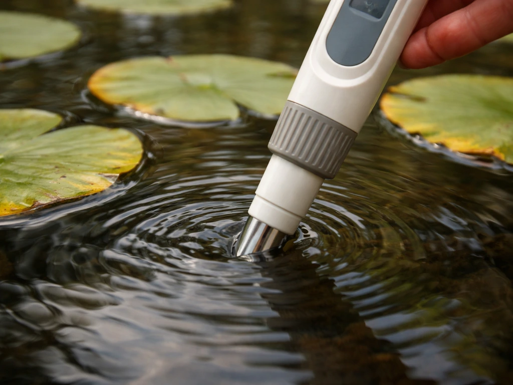 Close-up of an EC/TDS meter probe testing pond water near floating lily pads with yellowing tips