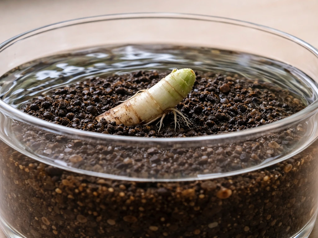 Top-down view of a rhizome crown just under soil in a planter with water covering it