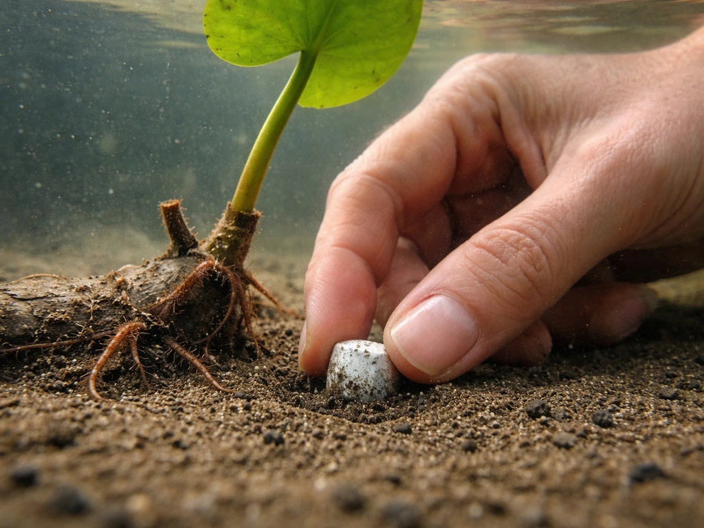A hand pushes an aquatic fertilizer tablet into lily substrate near the rhizome in an aquarium.