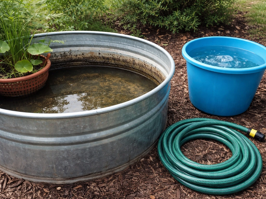 Drained outdoor lily container with a hose and clean water container nearby, suggesting conversion to freshwater.
