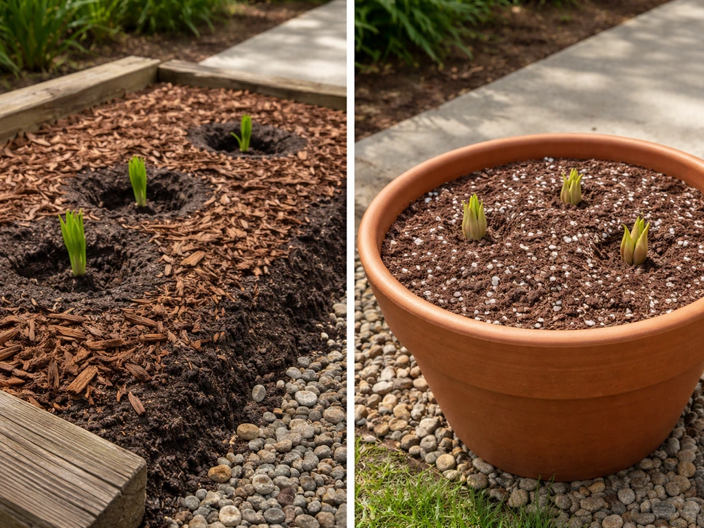 Side-by-side in-ground raised bed and terracotta container showing drainage for stargazer lilies.