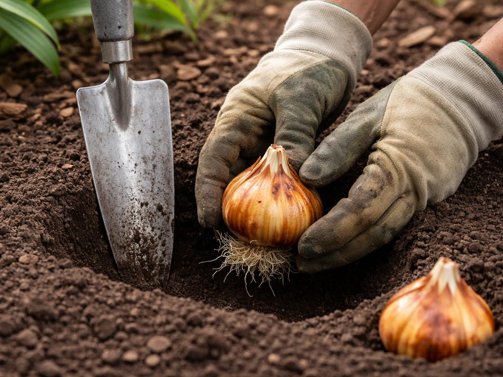 Close-up of a lily bulb being placed about 6 inches deep in a Florida garden bed with measured spacing.