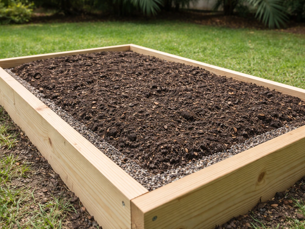 Raised garden bed with amended soil mix, showing improved drainage and rot-prevention setup.