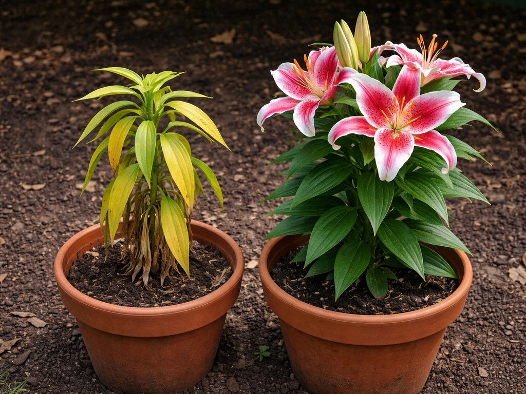 Stargazer lily with yellowing leaves beside a healthy blooming lily in a simple garden bed.