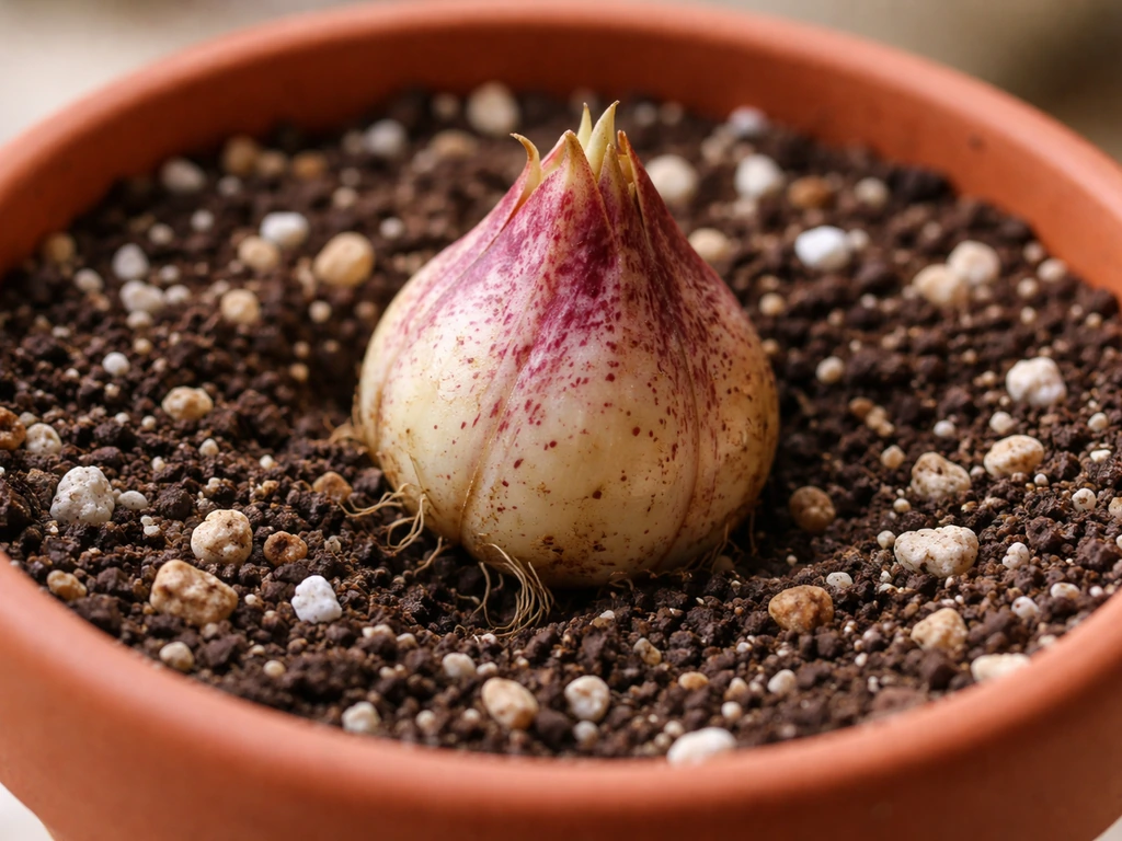 Close-up of a tiger lily bulb in a gritty, well-draining soil mix with visible perlite.