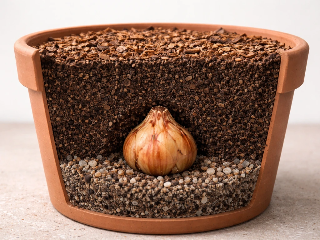 Tiger lily bulb in a potting mix layer showing correct planting depth at about three times bulb diameter.