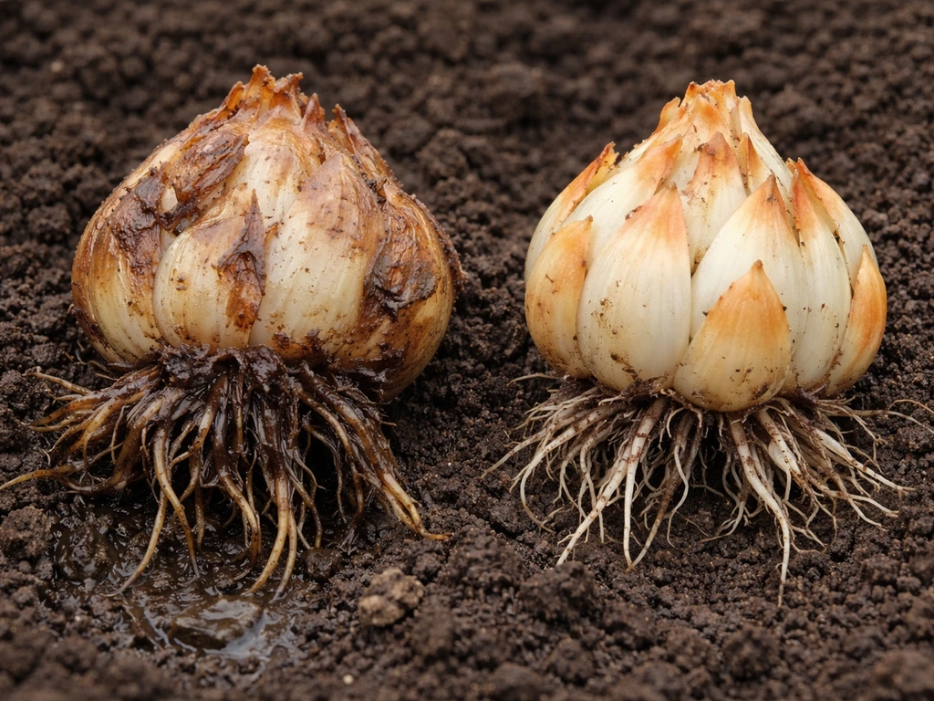 Close-up of a tiger lily bulb showing rot: soft mushy bulb with brown roots beside a firm bulb