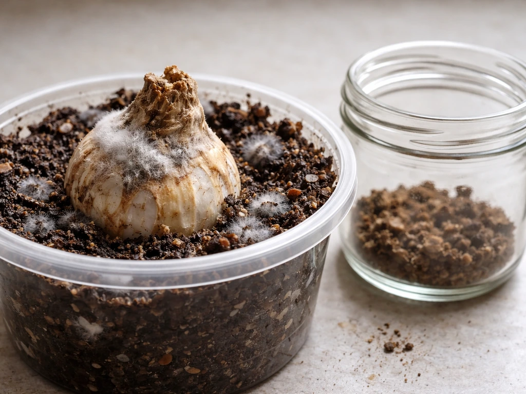 White and gray mold on a bulb surface and wet potting mix, with a nearby jar for improved drying.