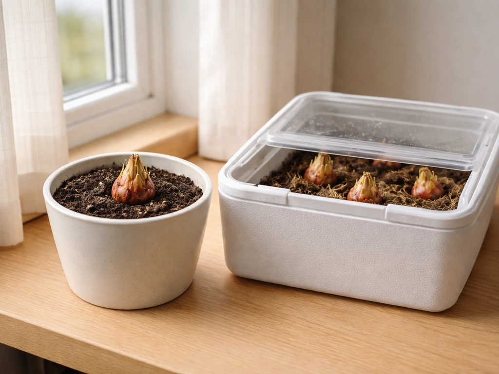 Tiger lily bulb in a pot by a bright window with a separate cold-treatment container nearby.