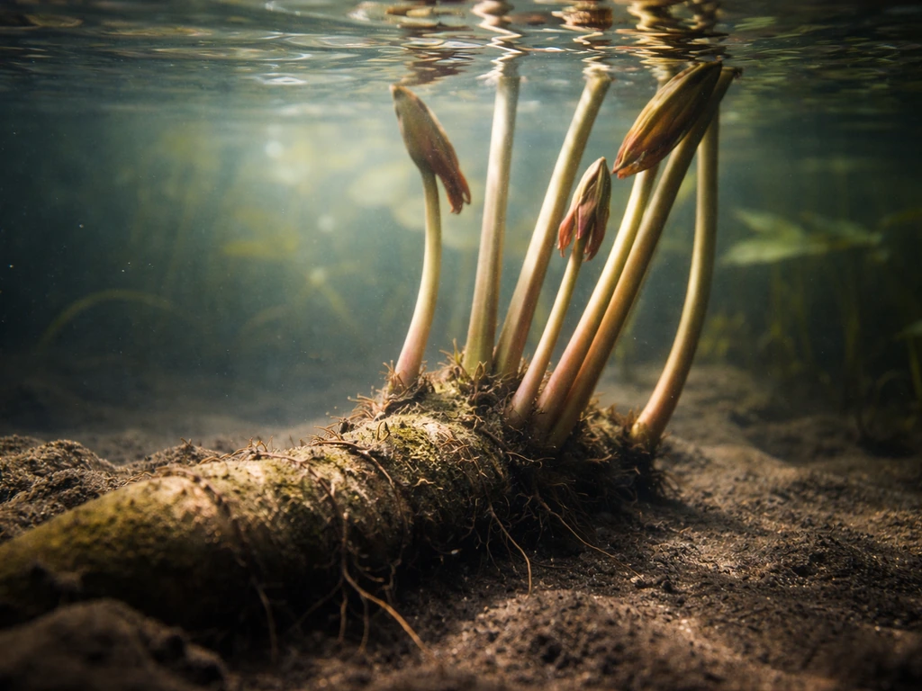 Submerged water lily rhizome in pond mud with water covering it and leaf stems emerging.