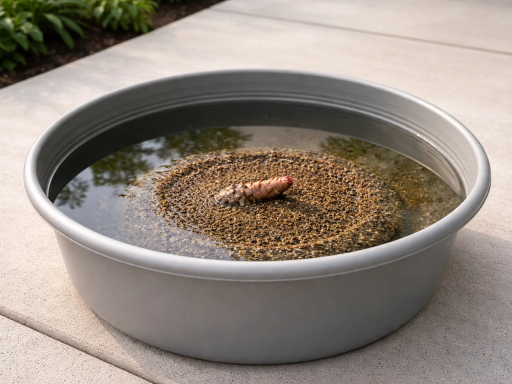 A wide shallow water lily container with water at the right level and rhizome placed to float leaves.