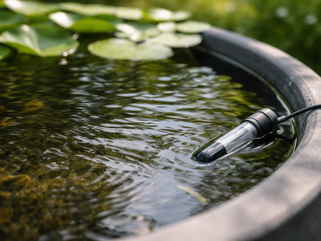 Sunlit water in a small container pond with a submerged temperature probe and soft ripples.
