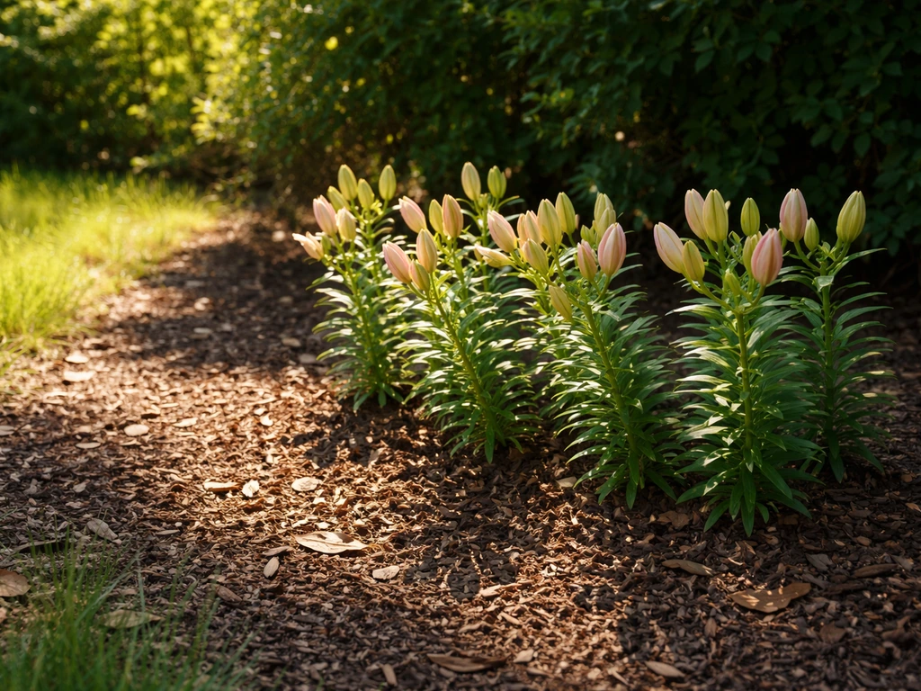 Rose lilies in a garden bed with morning sun and afternoon shade from a nearby hedge