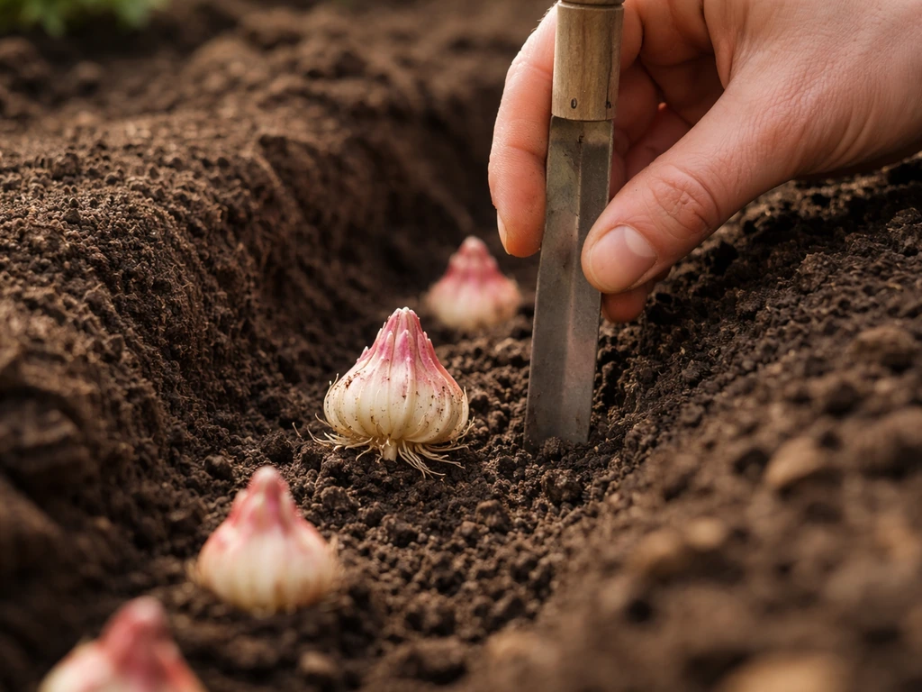 Hand using a small ruler to measure planting depth for rose lily bulbs in prepared soil