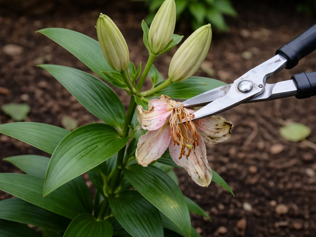 Garden shears trimming spent rose lily blooms while green leaves and stems remain on the plant.