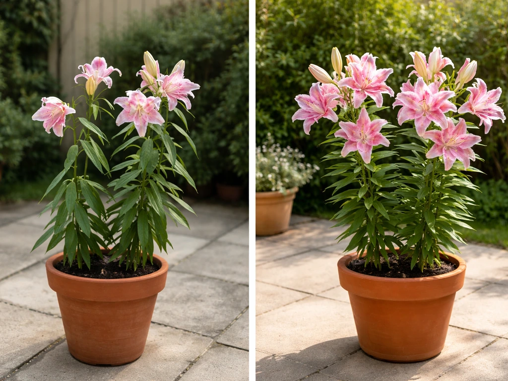 Two potted rose lilies in sunlight—one with tall floppy stems and fewer blooms beside a healthier sunlit plant.