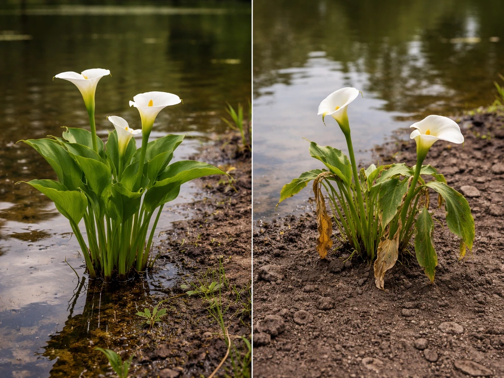 Close-up of calla lilies—one lush by shallow water, one struggling in dry pond-edge soil.