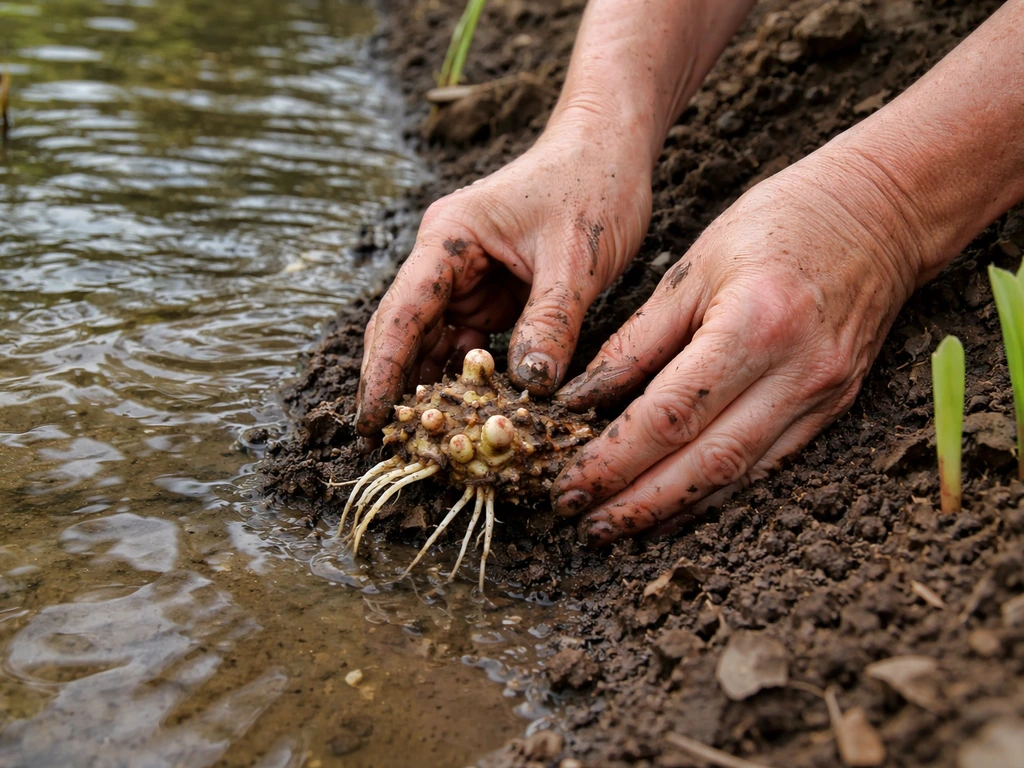 Gardening hands placing a calla lily rhizome into the pond bank at the waterline.