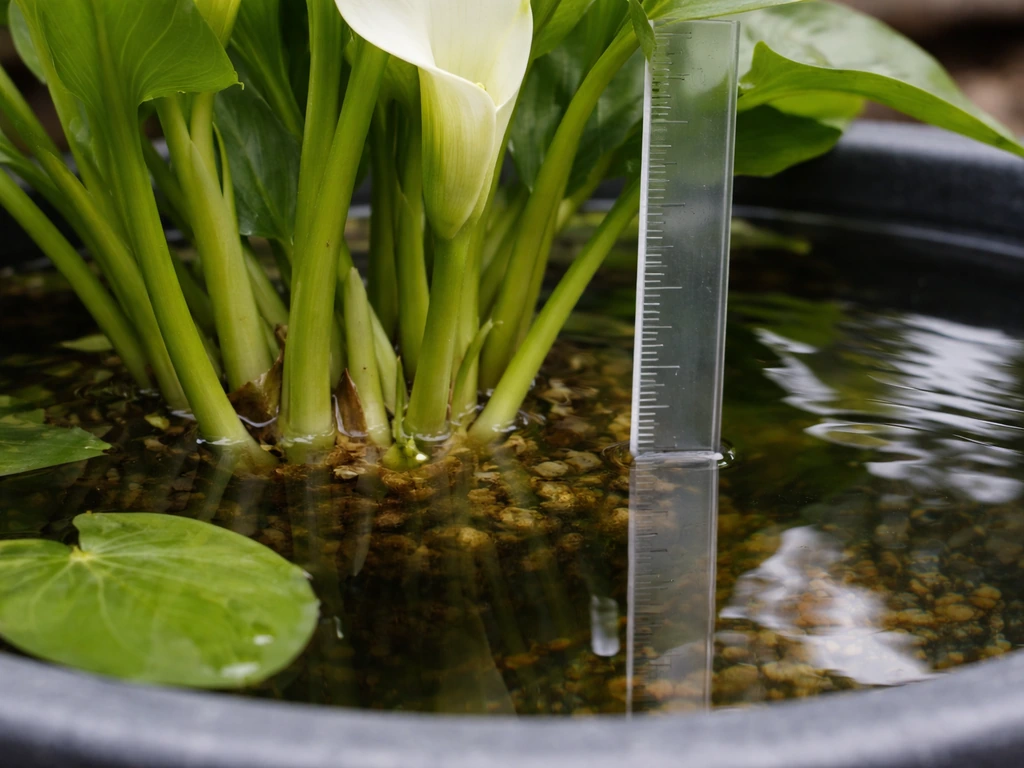 Close-up of a pond calla lily with a ruler showing 8–15 cm water depth over the crown.