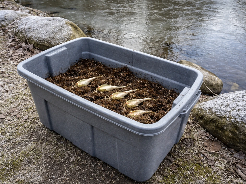 Potted calla lily rhizomes lifted and stored in a protected container near a pond during cold weather.
