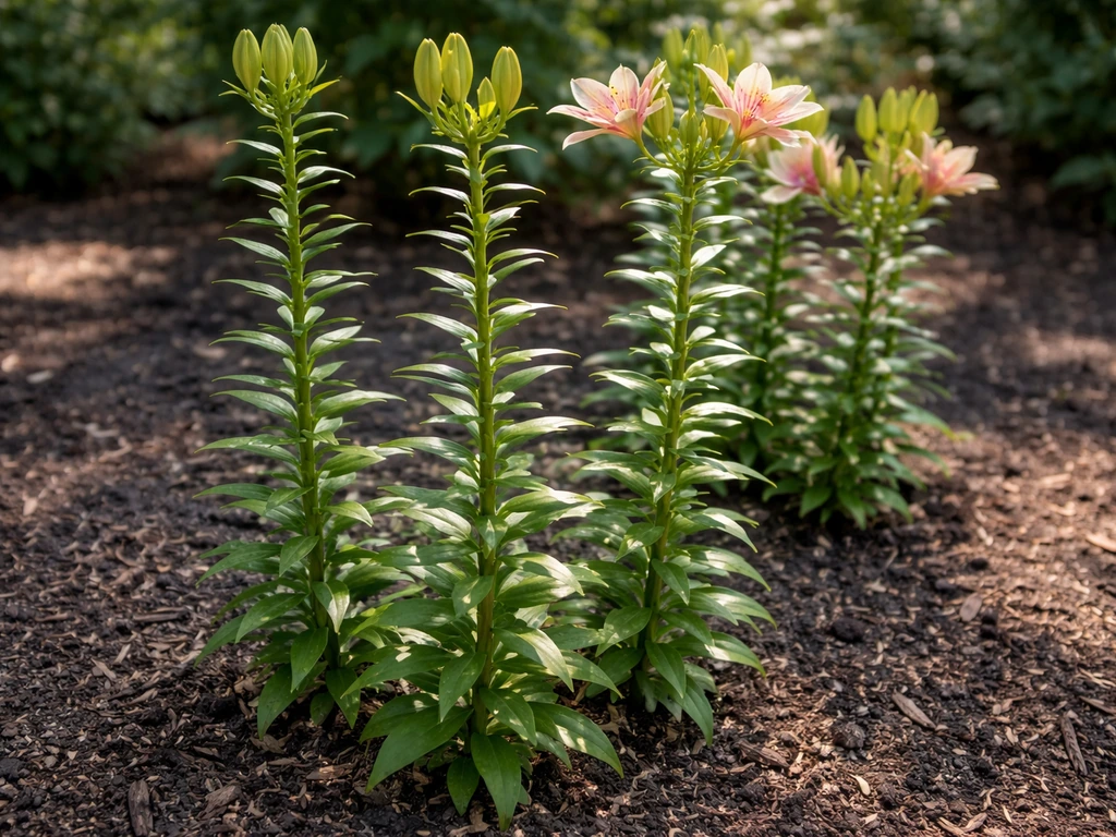Close-up of tall, slightly leggy lilies in a sunlit garden bed with lush green leaves