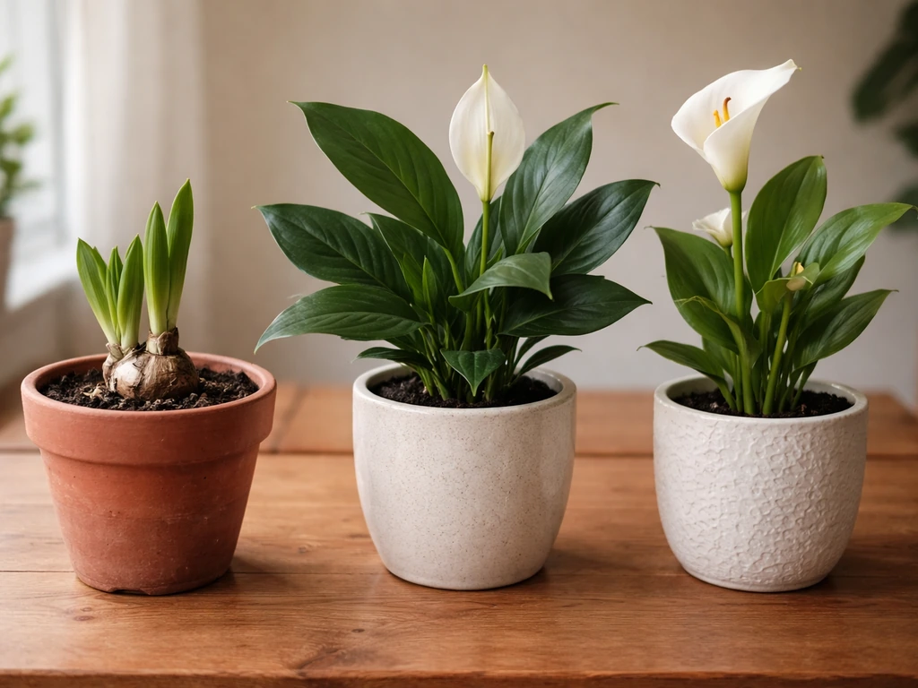 Three potted plants side by side, showing true lily bulb form, peace lily leaves, and calla lily shape.