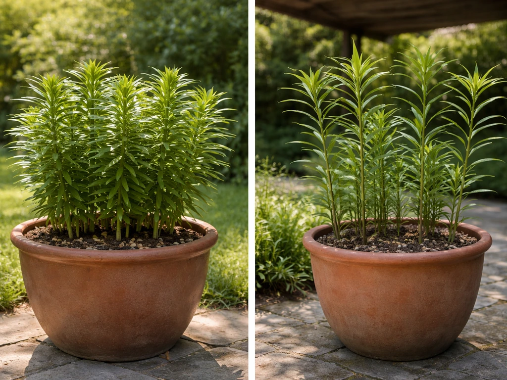Two potted true lilies: one in full sun with compact growth, one in partial shade looking leggy.