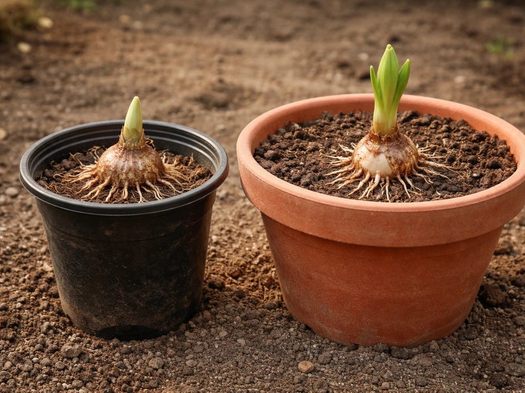 Two lily containers side by side: one cramped with circling roots, one larger with healthier root spread.