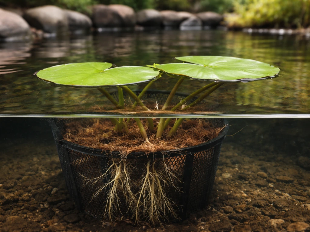 Water lilies with roots anchored in a submerged planting medium in a calm garden pond.