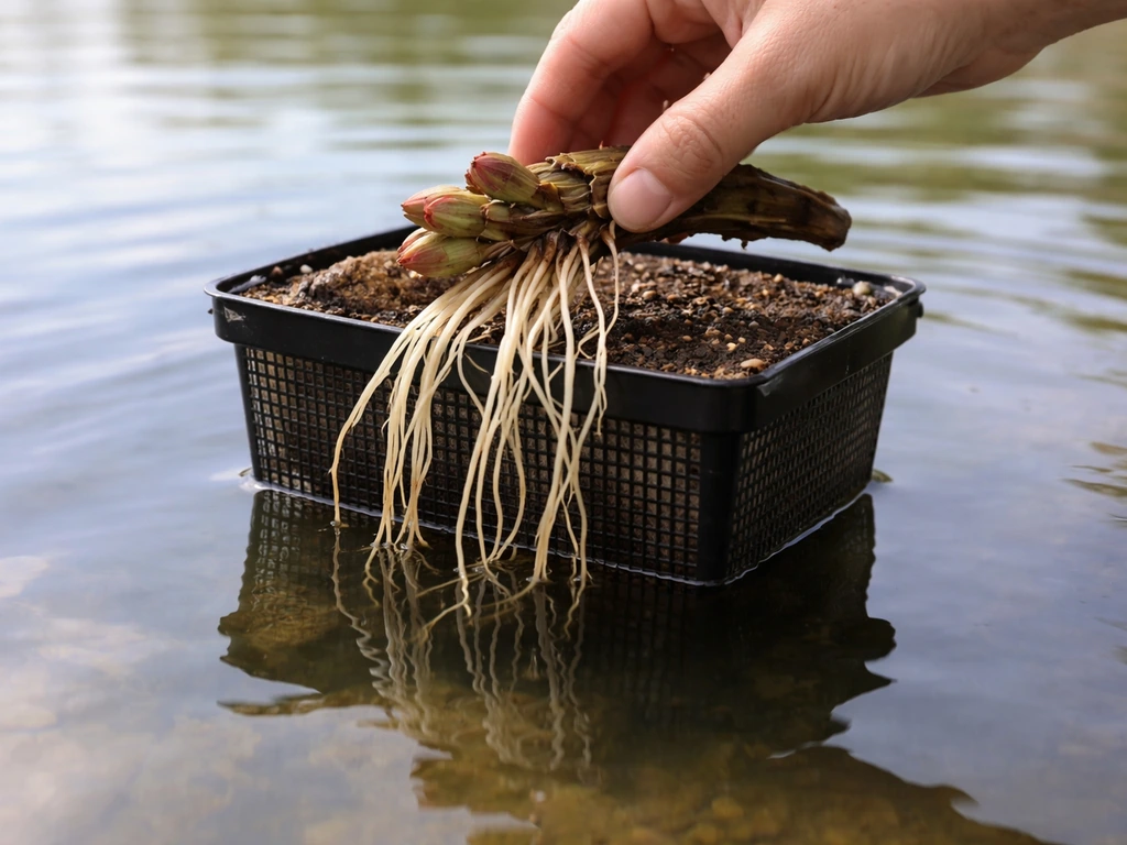 Bare-root water lily rhizome and roots placed in a submerged planting container in still water.