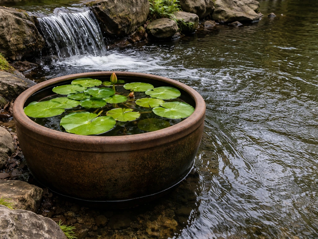 Water lily planter beside a gentle stream, with visible current and splashes around the container.