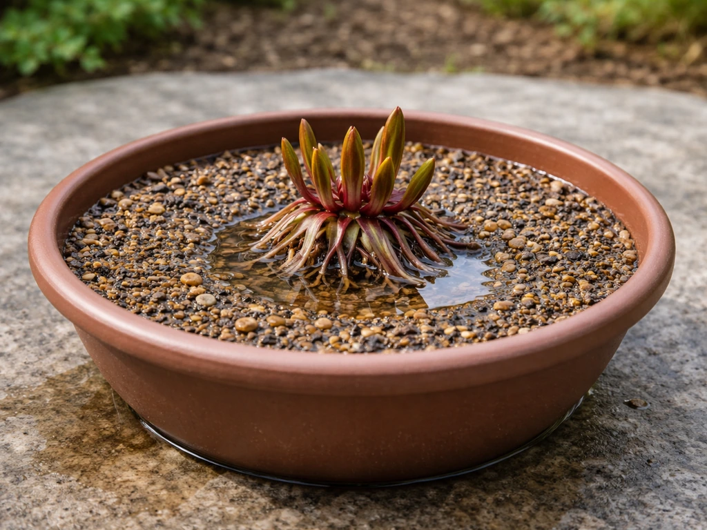 Wide shallow pot with planting medium and water lily crown set at correct depth before submerging in water.