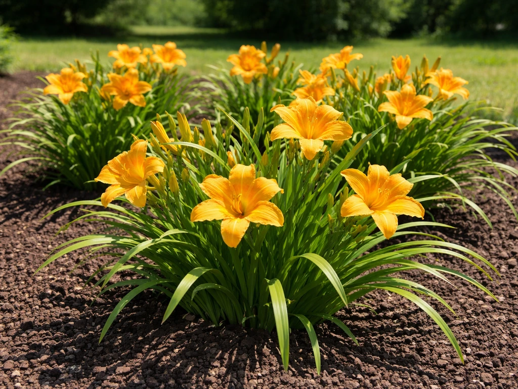 Orange-yellow daylilies thriving in a sunny, well-drained garden bed with textured soil visible