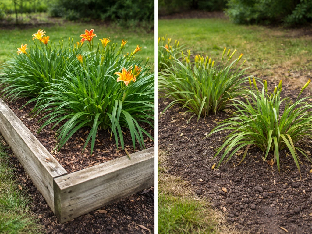 Daylilies in a sunny, well-drained bed thriving beside darker, damp soil with weaker growth