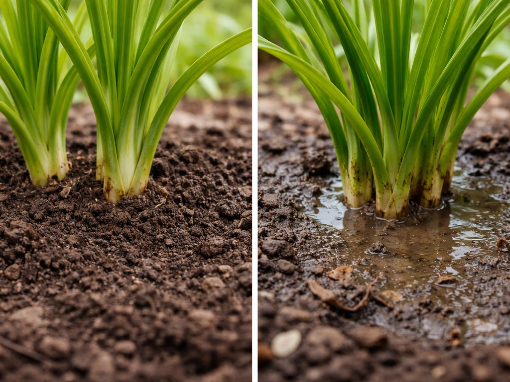 Close-up showing healthy daylily crown in loose soil versus poor drainage with standing water and muddy compacted ground
