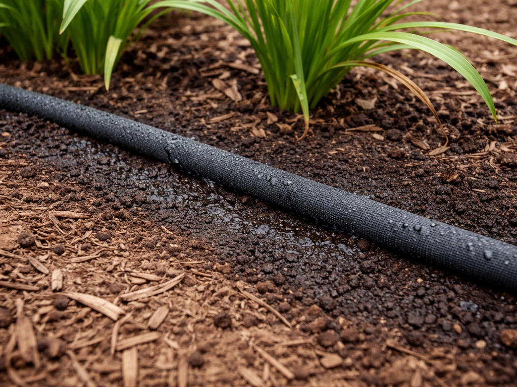 Soaker hose watering dark, evenly moist garden soil with dry soil slightly farther away beside daylily leaves.