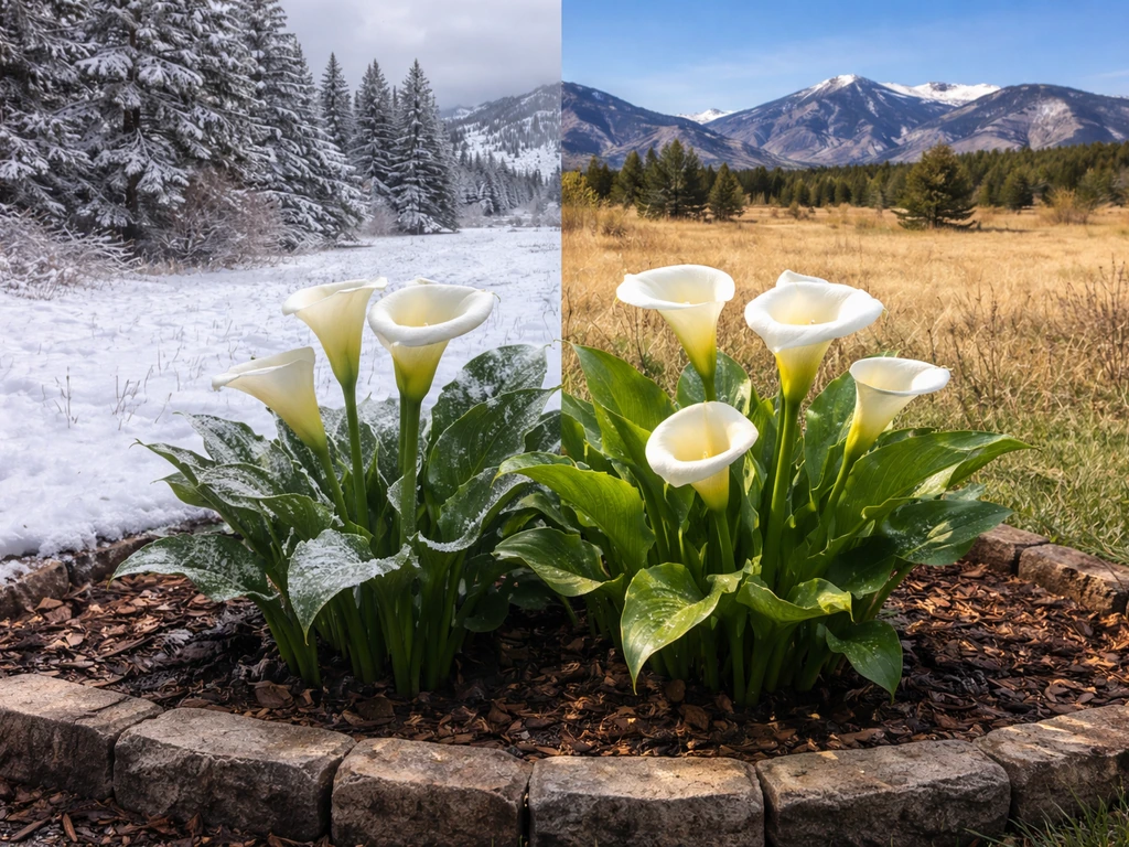 Calla lilies in a split scene showing snowy Colorado mountains and sunny Front Range light.