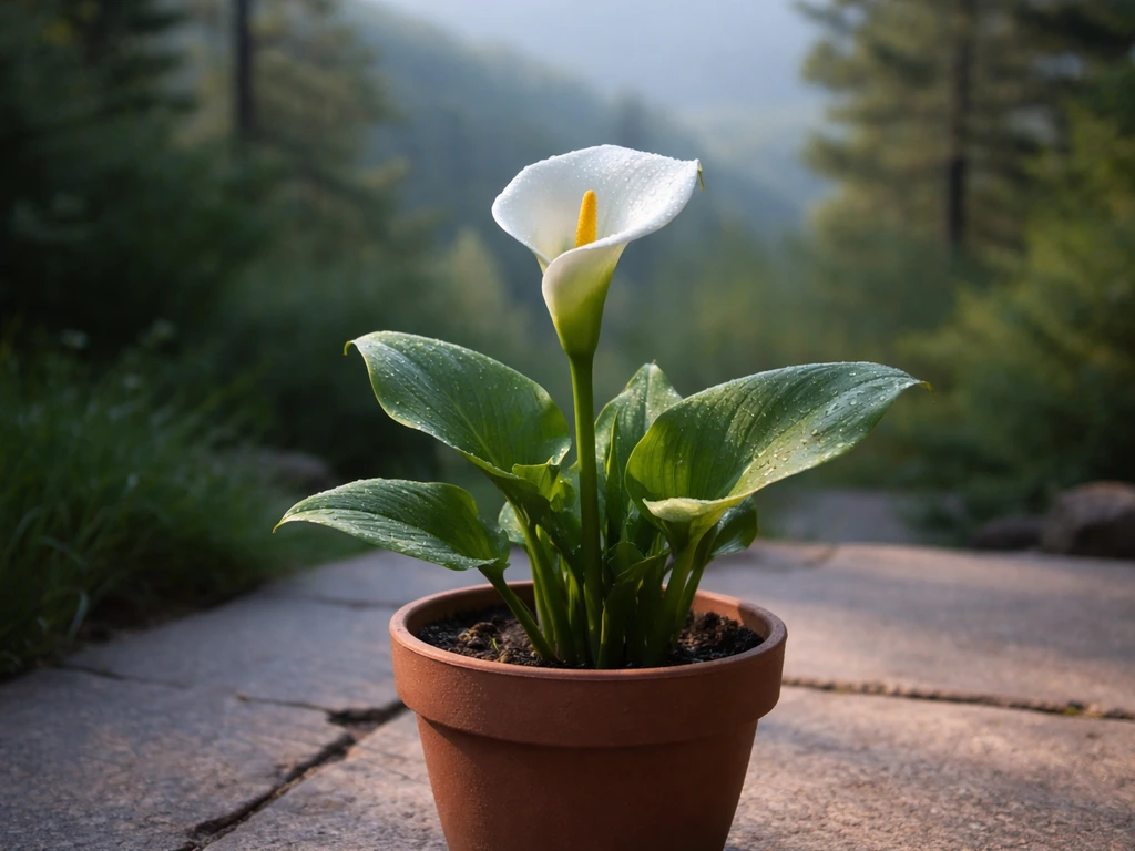 White calla lily flowers blooming in a small pot outdoors in cool mountain light