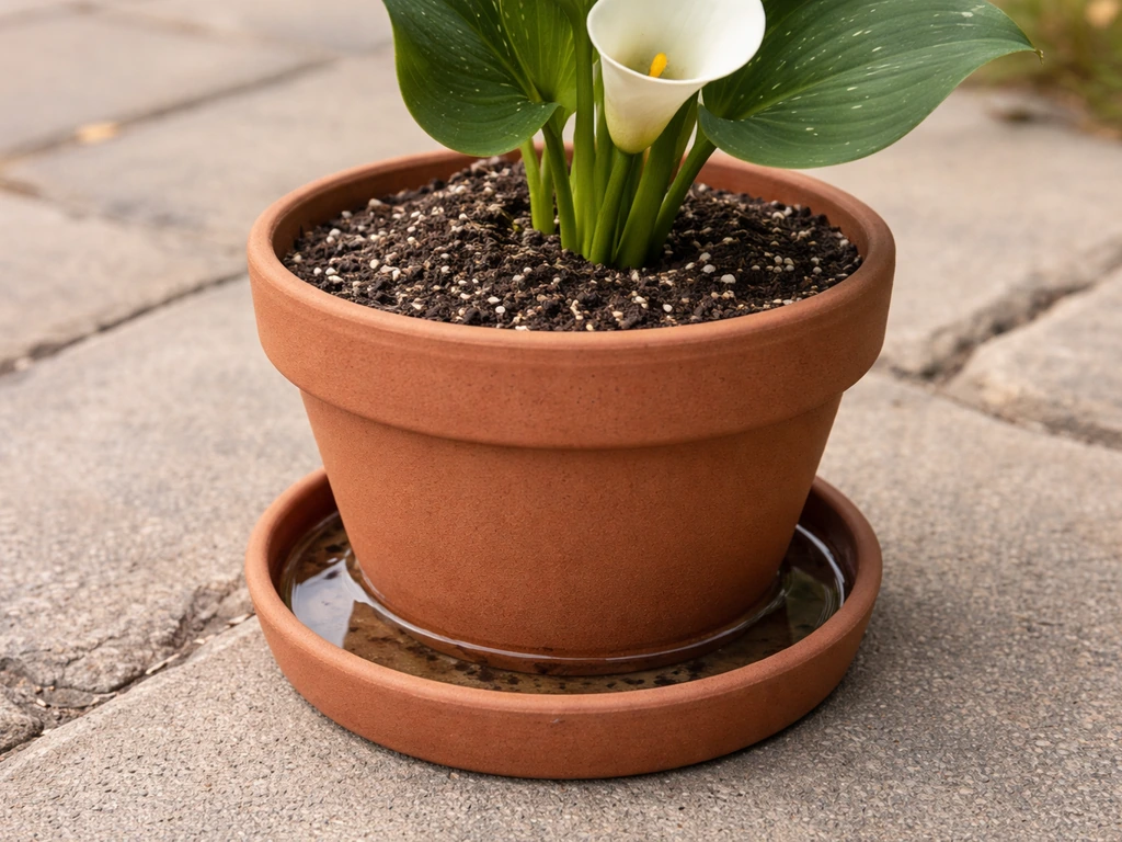 Close-up of a calla lily pot with moist well-draining soil and visible water in a separate saucer.