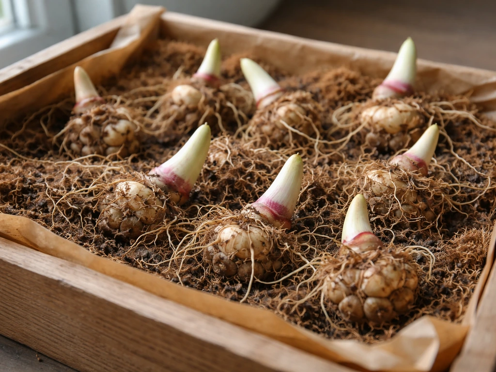 Lifted calla lily rhizomes cleaned and resting in a dry medium inside a simple box for overwintering.
