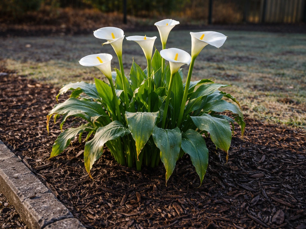 Calla lilies at the edge of hardiness with mulch protecting roots after a light frost.