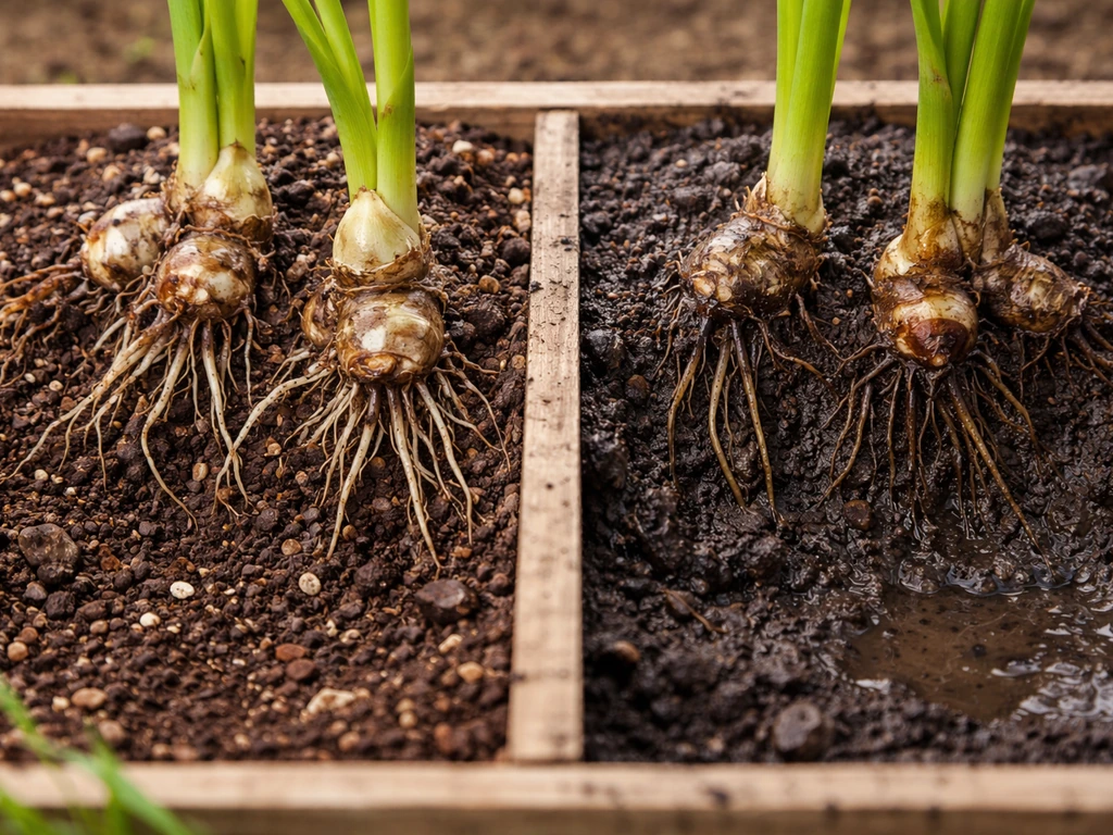 Close-up of calla lily rhizomes in gritty, well-draining soil beside a small waterlogged patch