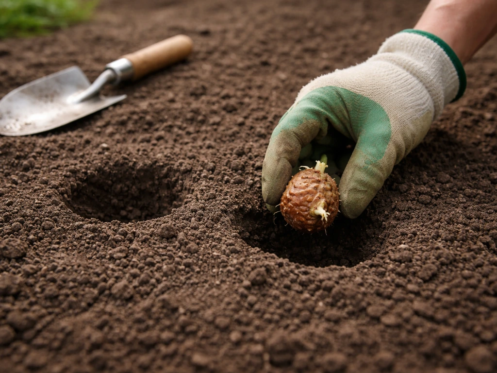 Gardener’s hand placing a calla lily rhizome into shallow soil holes with spacing in a garden bed