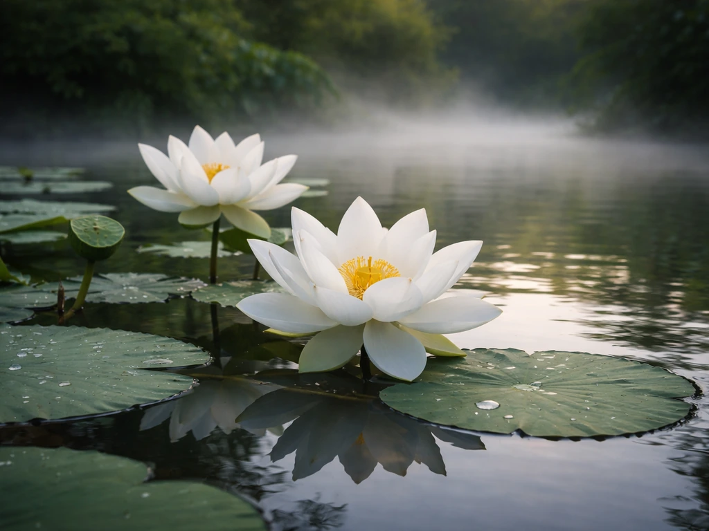 White lotus flowers and lily pads on calm water in a quiet home pond
