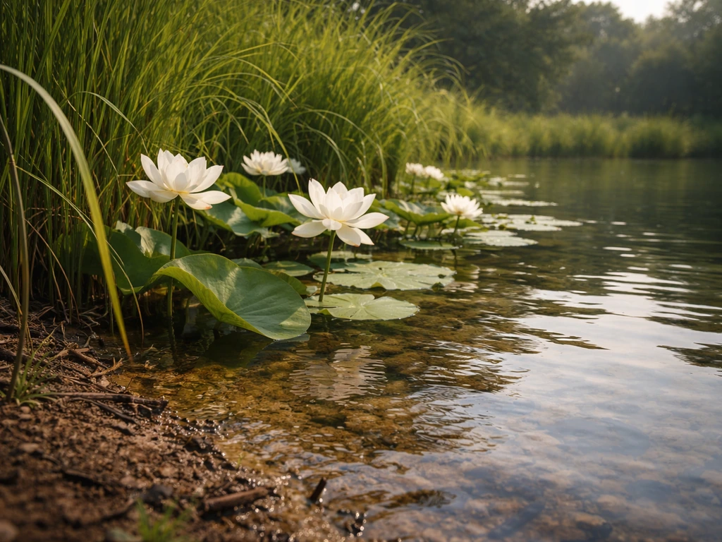 White sacred lotus flowers and leaves growing along the shoreline of a calm native pond.